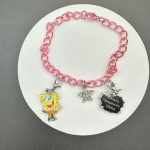 Pink Chain Charm Bracelet w/ SpongeBob & Rhinestone Star – Cute Cartoon Y2K Jewe